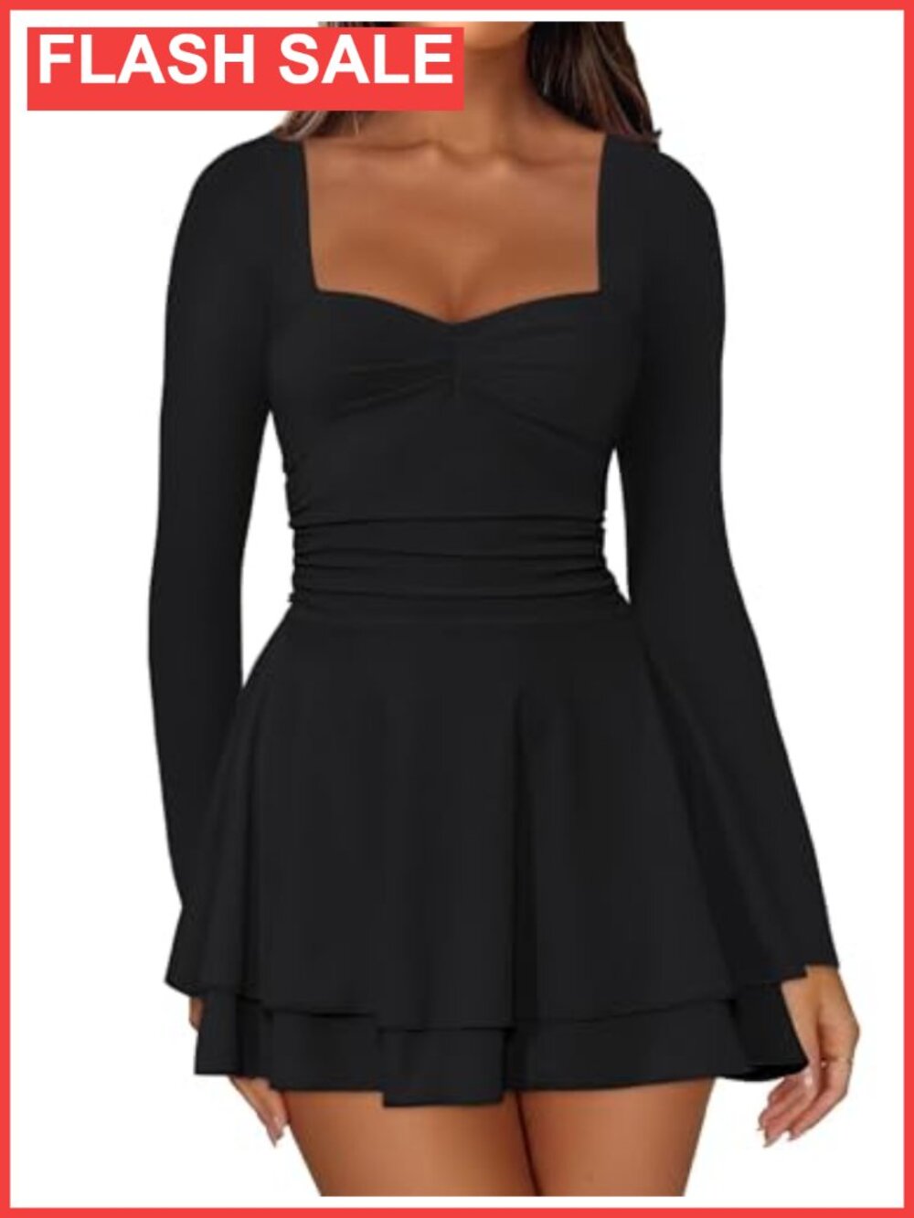 Square Neck Long Sleeve Mini Dress A-Line Ruffle Hem Party Club Dress